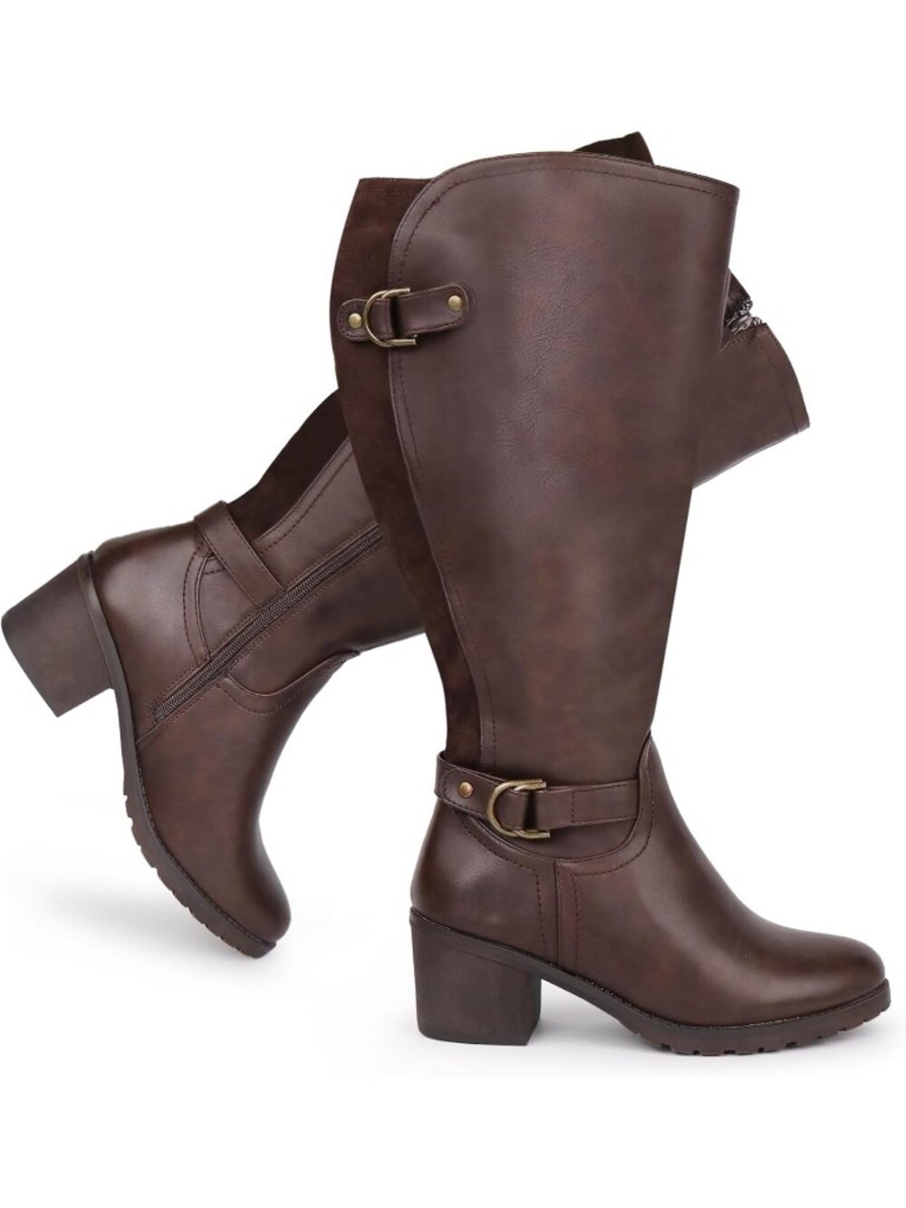 Women's Brown Wide Calf Block Heel and Decorated Double Buckle  Knee High Boots
